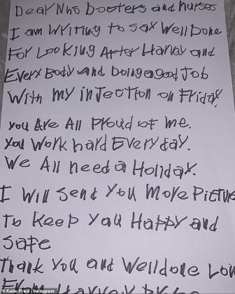 'It amazes me what must go through his mind': Katie Price shares heartwarming note her son Harvey, 18, wrote to NHS staff thanking them for giving him the Covid vaccine